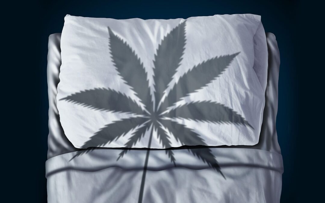 The shadow of a cannabis leaf on the pillow of a bed.